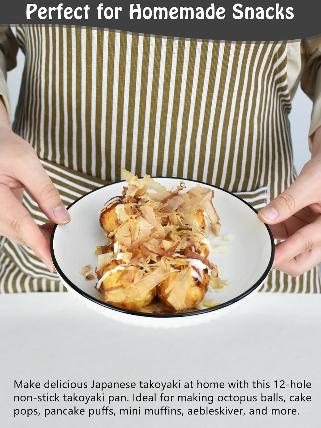 Artcome Takoyaki Pan with Handle - 12-Hole Nonstick Takoyaki Maker with 2 Wooden Picks & Silicone Brush, Octopus Ball Grill for Gas Stove, Japanese Snack Cooker for Takoyaki, Cake Pops, Aebleskiver